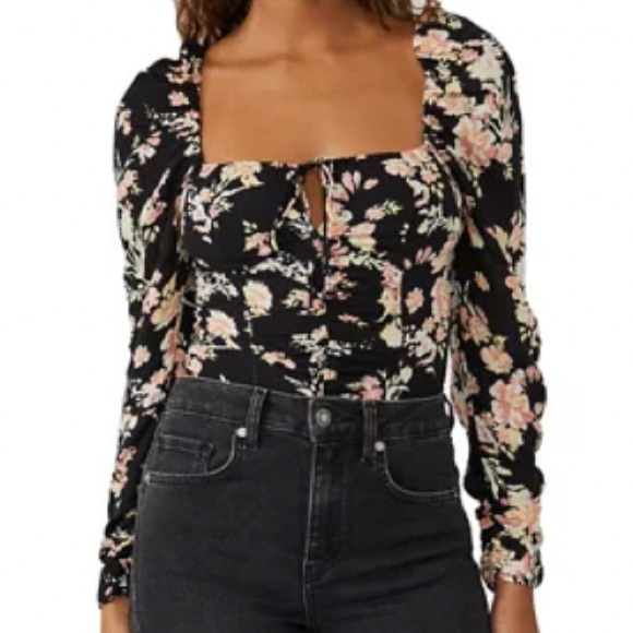 Free People Hilary Floral Print Long Puffed Sleeve Tie Back Smocked - Picture 2 of 16